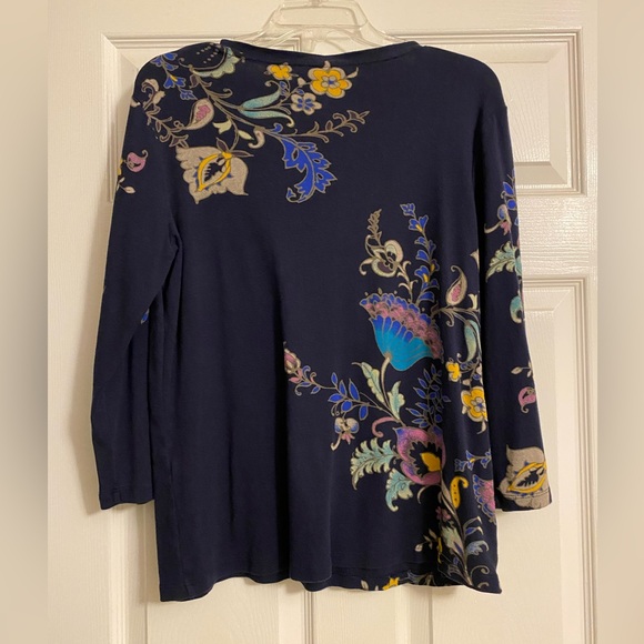 Chico's Blue Floral 3/4 Sleeve Cotton Top Size 2 Large - Picture 3 of 6